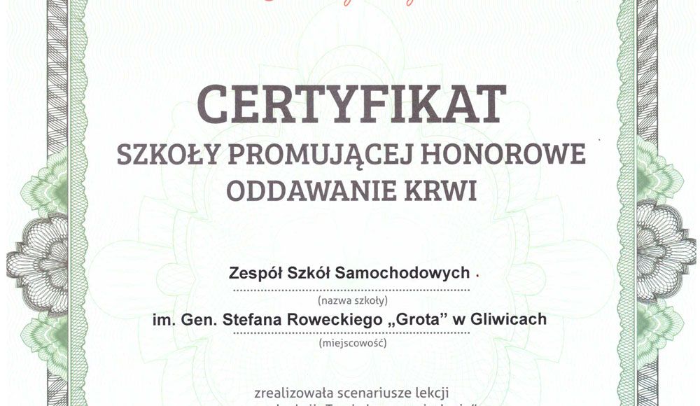 Certyfikat szkoły promującej honorowe oddawanie krwi
