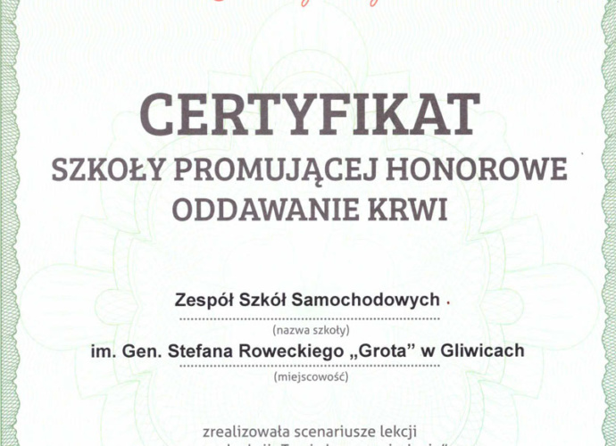 Certyfikat szkoły promującej honorowe oddawanie krwi
